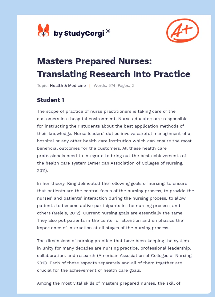 Masters Prepared Nurses: Translating Research Into Practice. Page 1