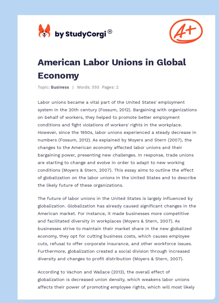 American Labor Unions in Global Economy. Page 1