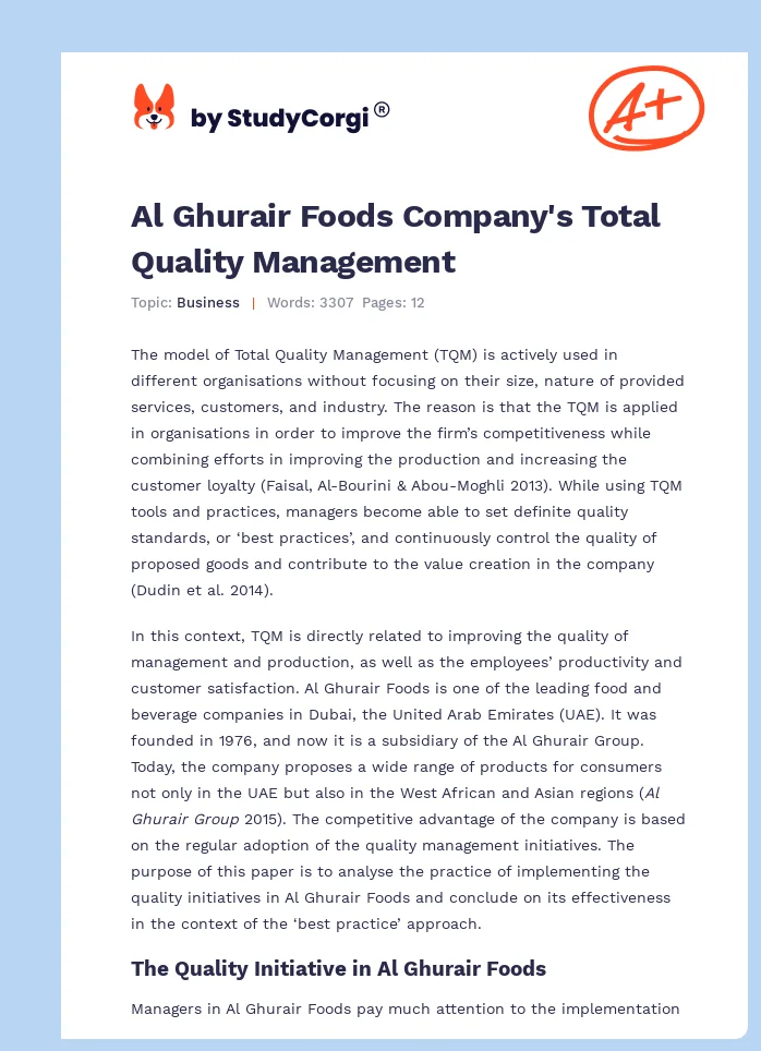 Al Ghurair Foods Company's Total Quality Management. Page 1