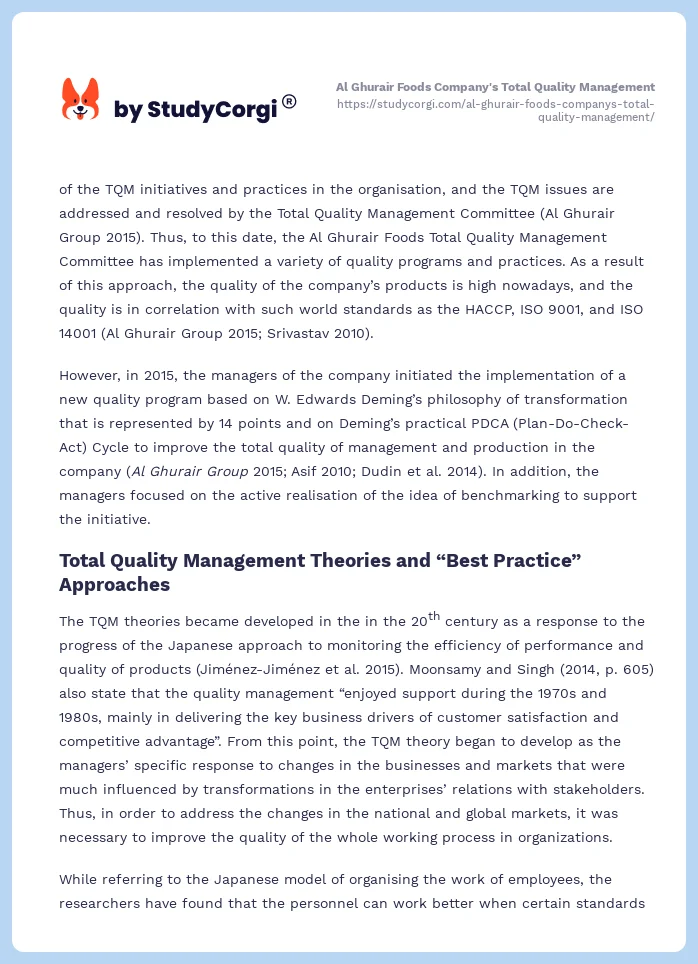 Al Ghurair Foods Company's Total Quality Management. Page 2