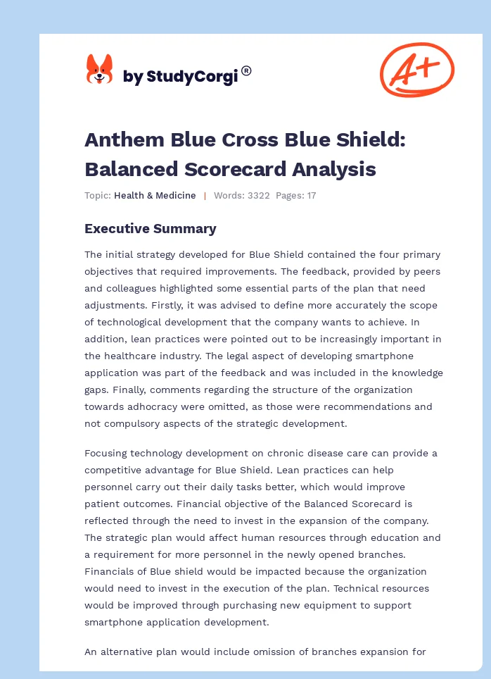 Anthem Blue Cross Blue Shield: Balanced Scorecard Analysis. Page 1