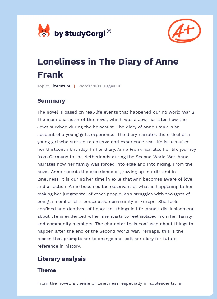 Loneliness in The Diary of Anne Frank. Page 1