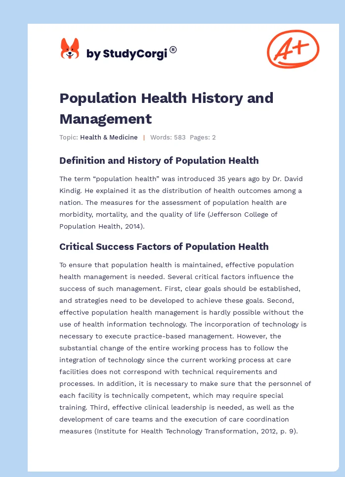 Population Health History and Management. Page 1