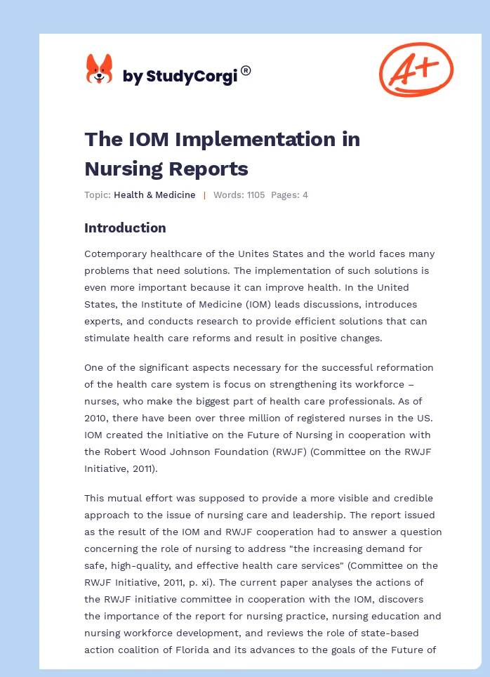 The IOM Implementation in Nursing Reports. Page 1