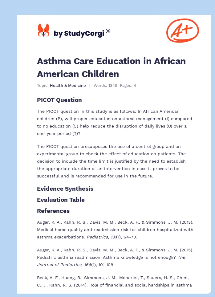 Asthma Care Education in African American Children. Page 1