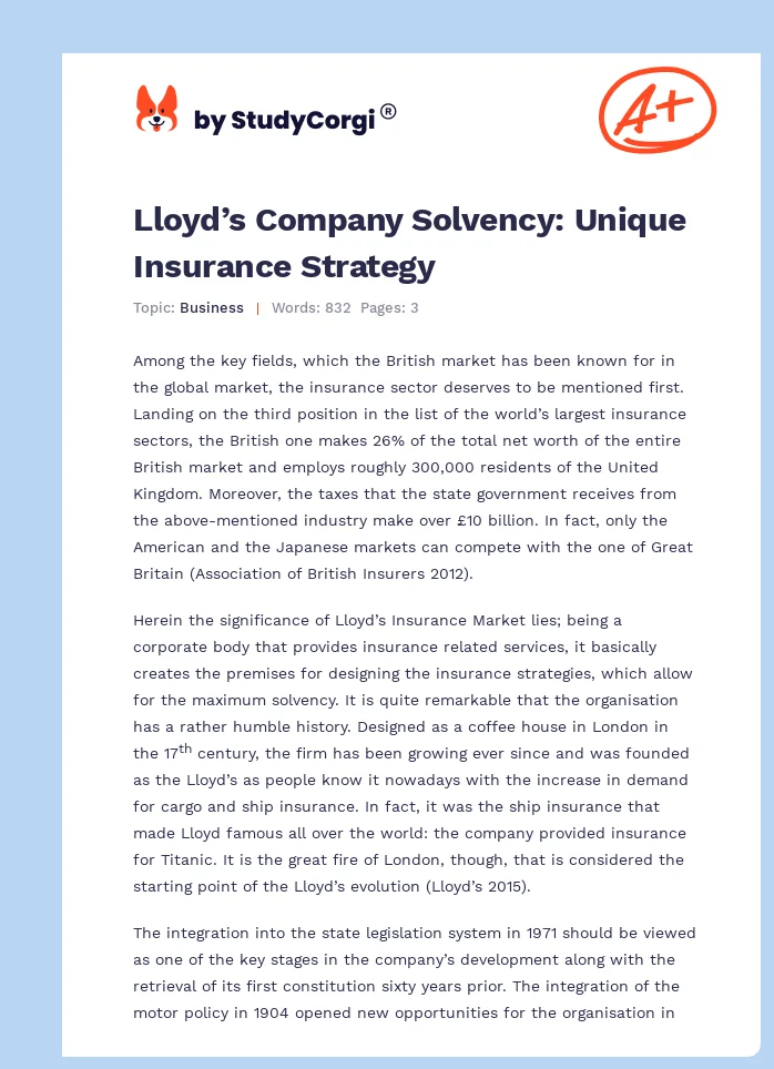 Lloyd’s Company Solvency: Unique Insurance Strategy. Page 1
