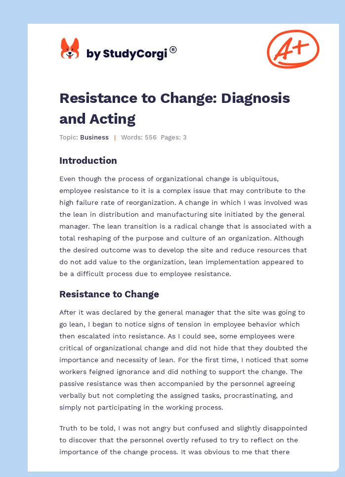 Resistance to Change: Diagnosis and Acting. Page 1