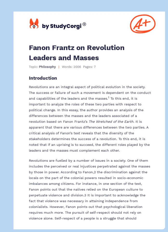 Fanon Frantz on Revolution Leaders and Masses. Page 1