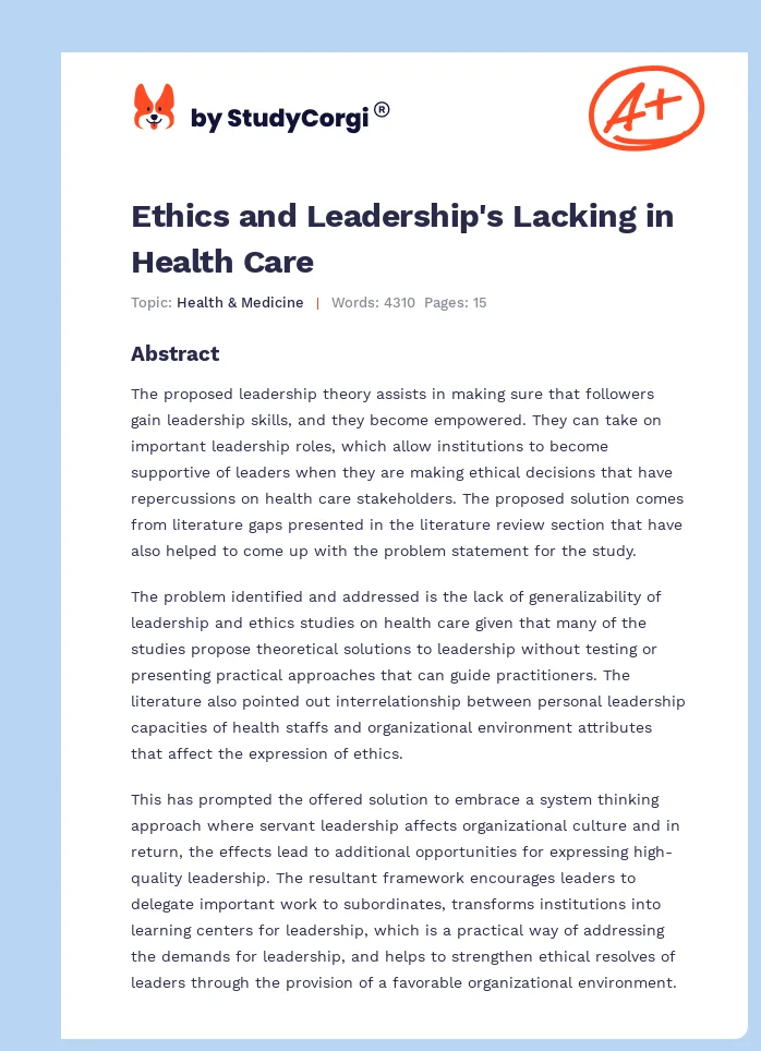 Ethics and Leadership's Lacking in Health Care. Page 1