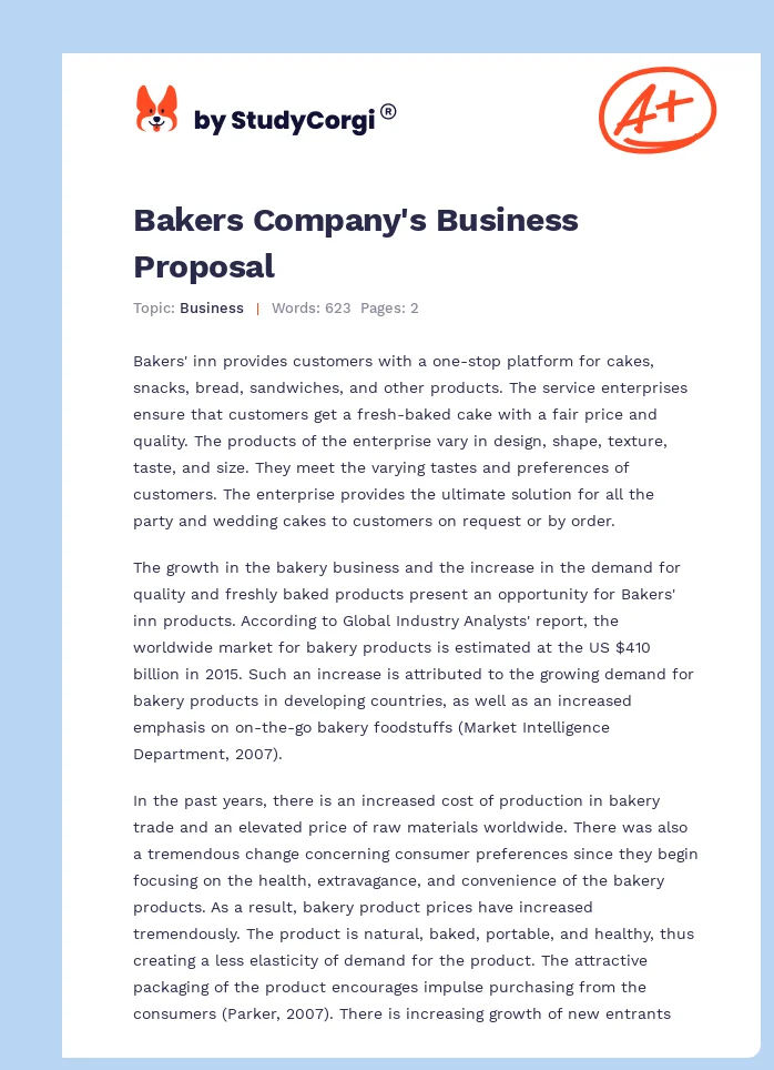 Bakers Company's Business Proposal. Page 1