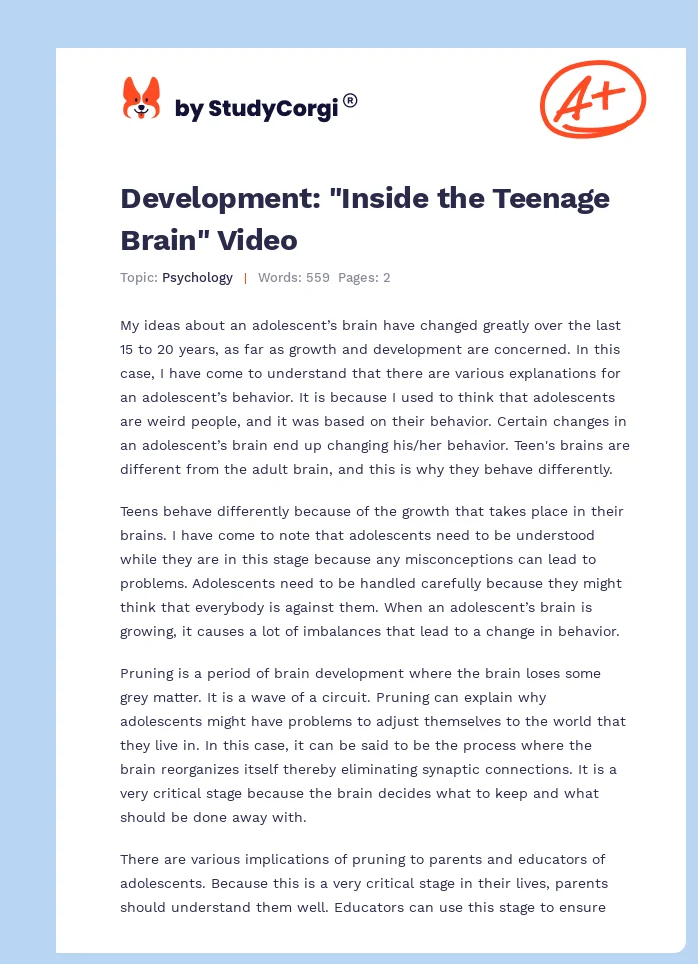 Development: "Inside the Teenage Brain" Video. Page 1