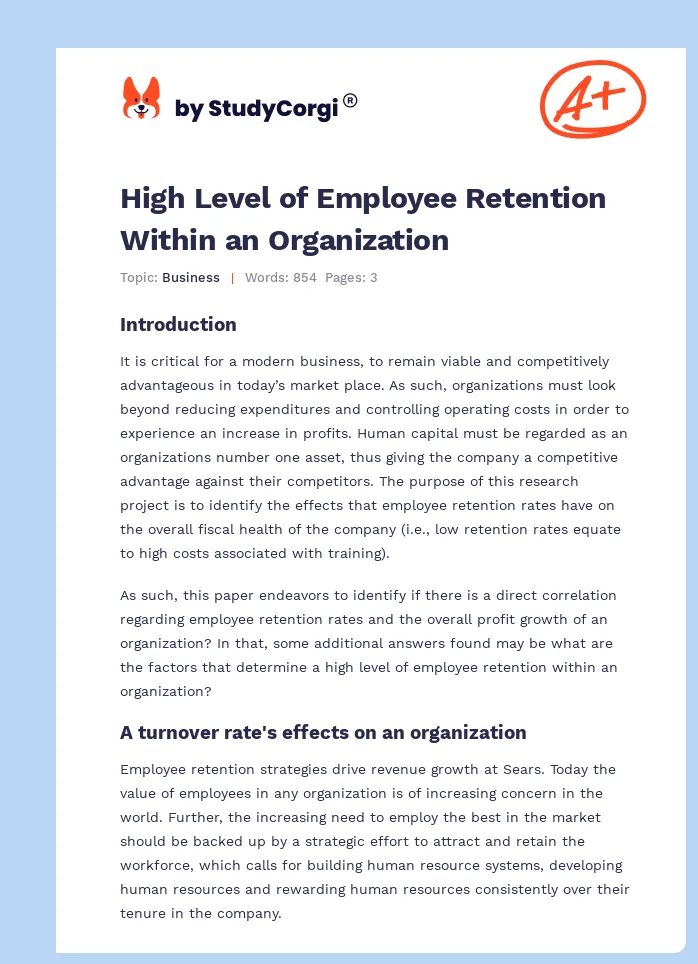 High Level of Employee Retention Within an Organization. Page 1