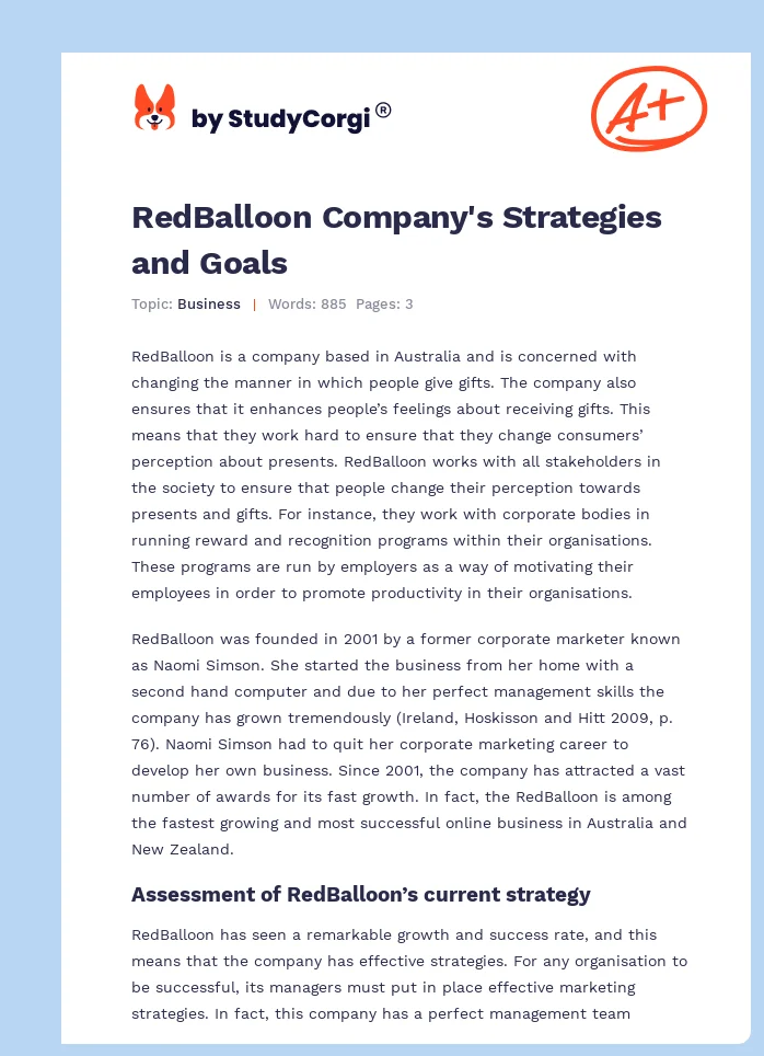 RedBalloon Company's Strategies and Goals. Page 1