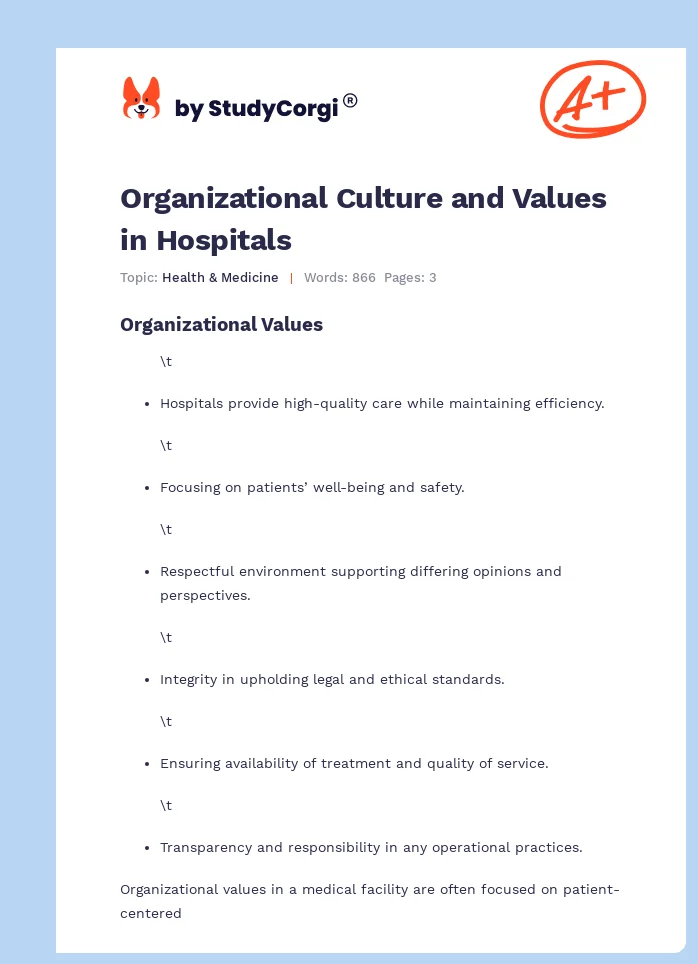 Organizational Culture and Values in Hospitals. Page 1