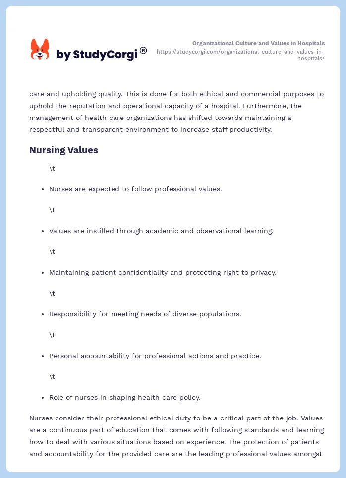 Organizational Culture and Values in Hospitals. Page 2
