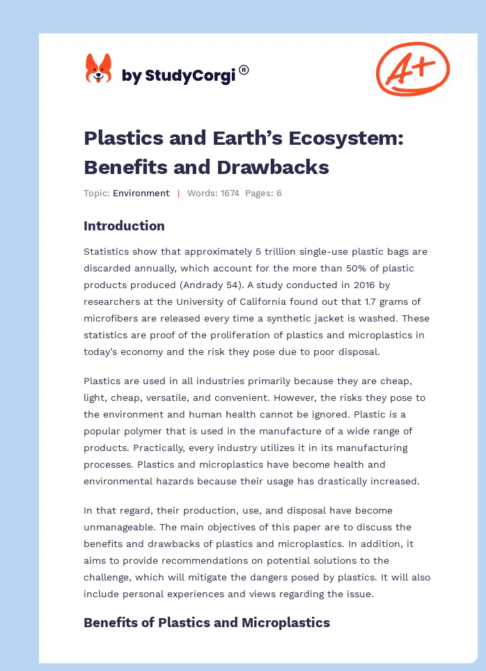 Plastics and Earth’s Ecosystem: Benefits and Drawbacks. Page 1