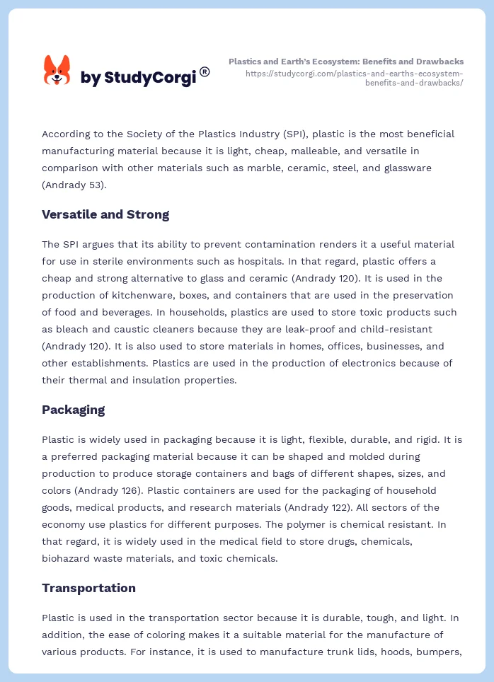 Plastics and Earth’s Ecosystem: Benefits and Drawbacks. Page 2