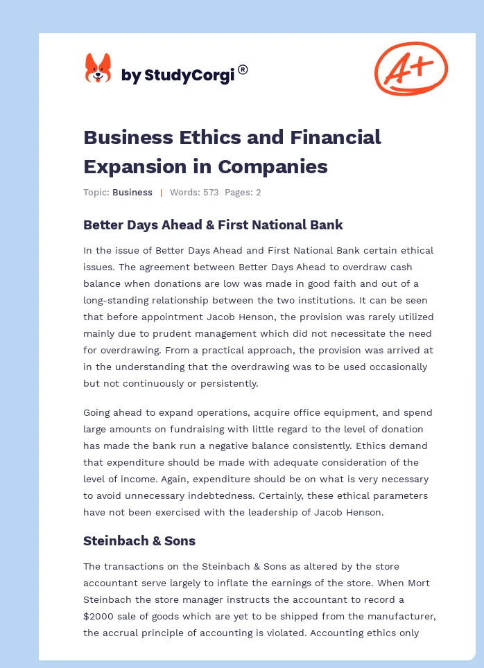 Business Ethics and Financial Expansion in Companies. Page 1