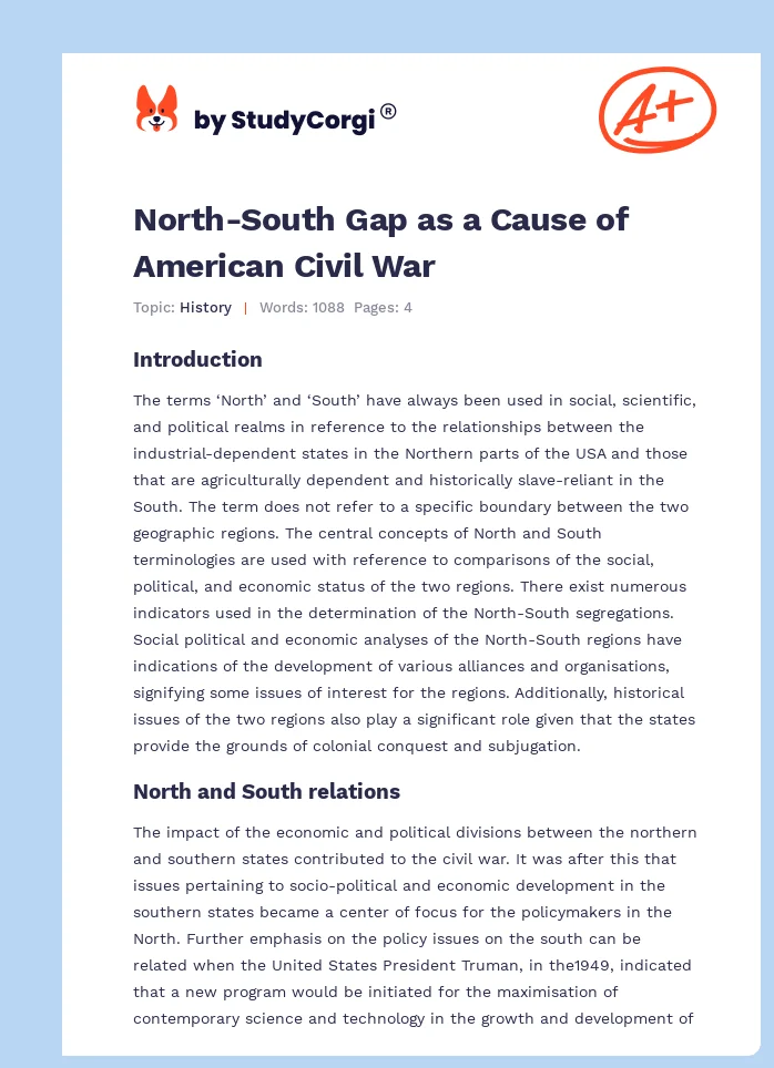 North-South Gap as a Cause of American Civil War. Page 1