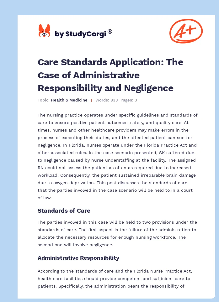Care Standards Application: The Case of Administrative Responsibility and Negligence. Page 1