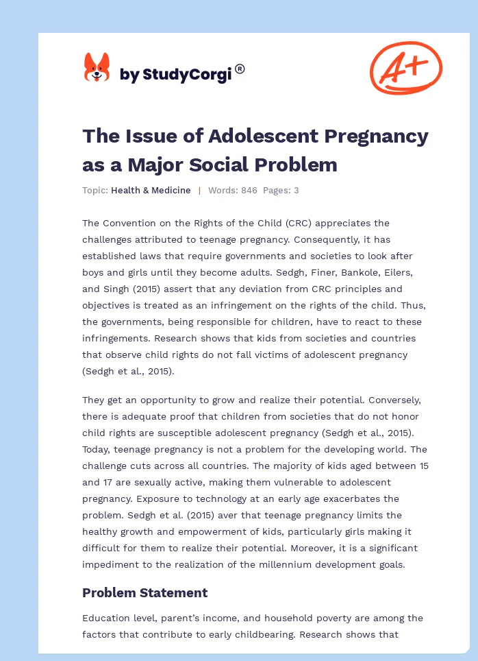 The Issue of Adolescent Pregnancy as a Major Social Problem. Page 1