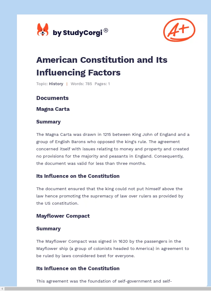 American Constitution and Its Influencing Factors. Page 1