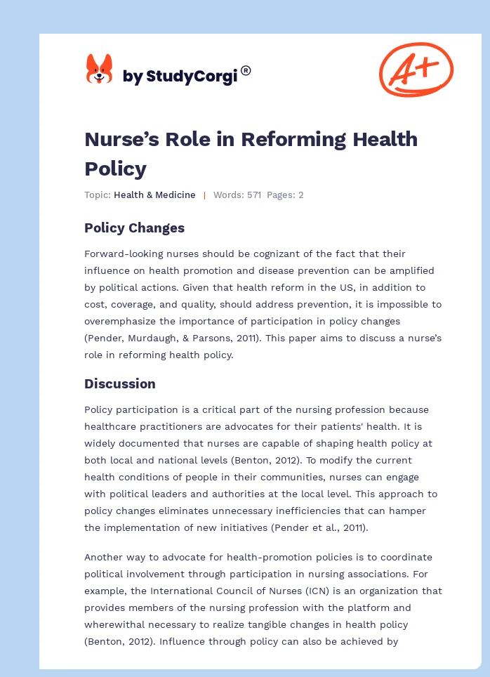 Nurse’s Role in Reforming Health Policy. Page 1