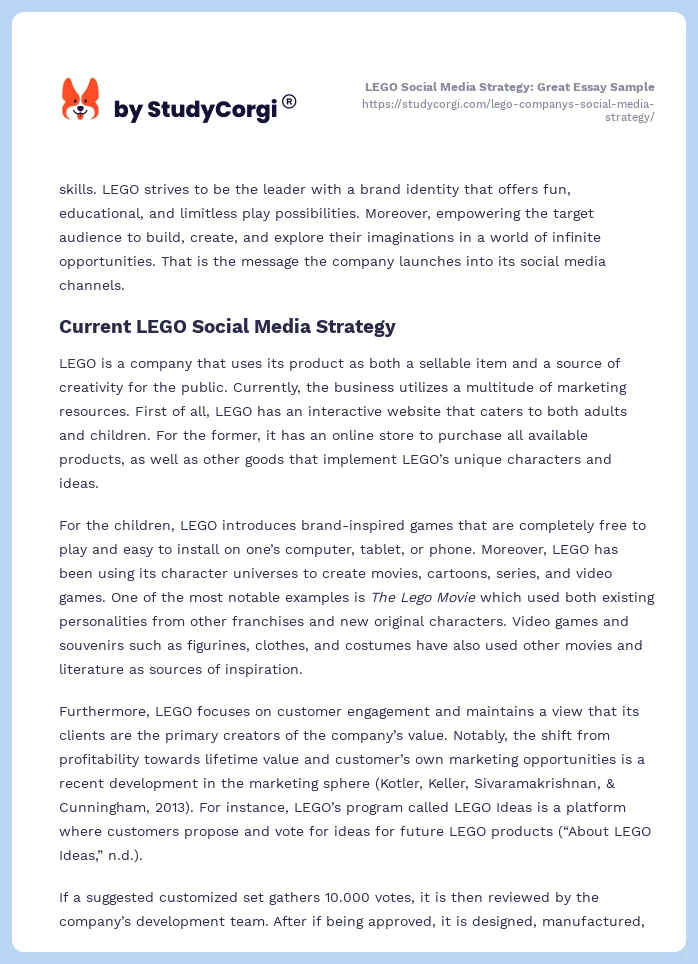 LEGO Social Media Strategy: Great Essay Sample. Page 2