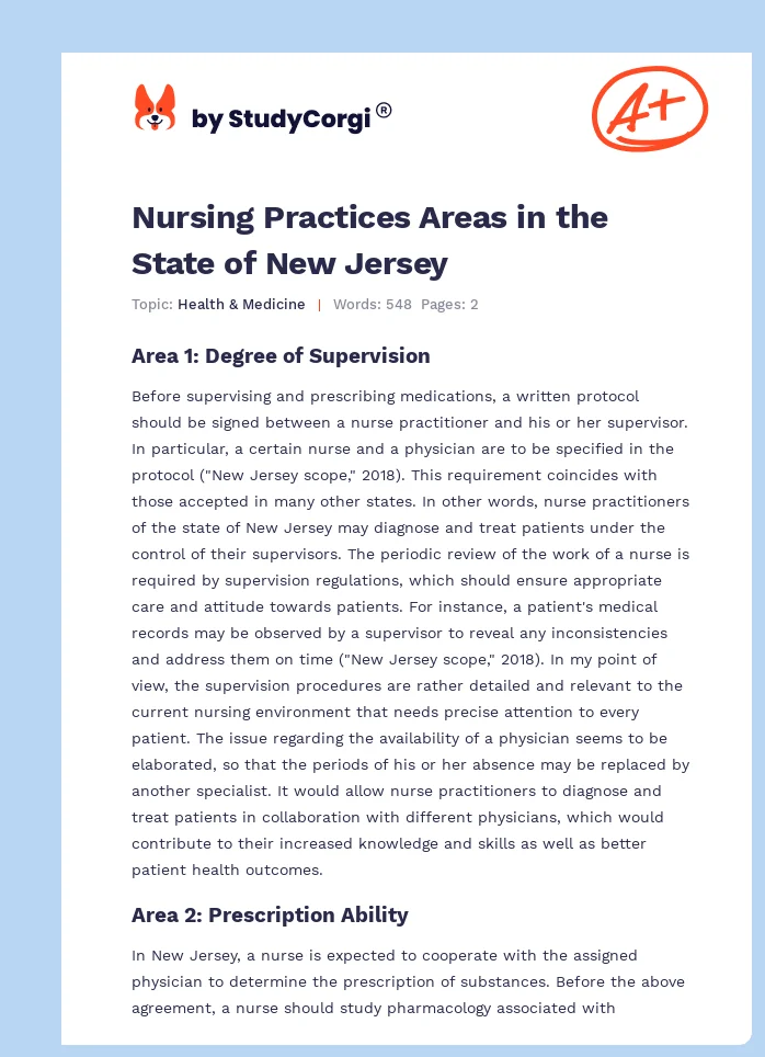Nursing Practices Areas in the State of New Jersey. Page 1