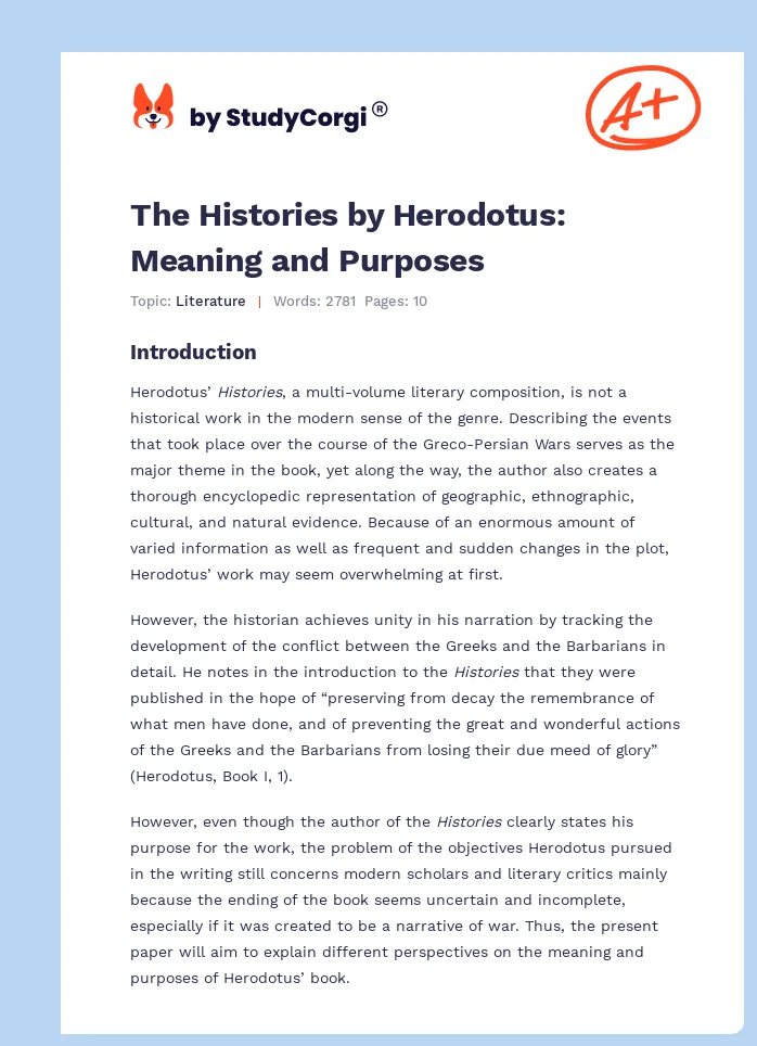 The Histories by Herodotus: Meaning and Purposes. Page 1