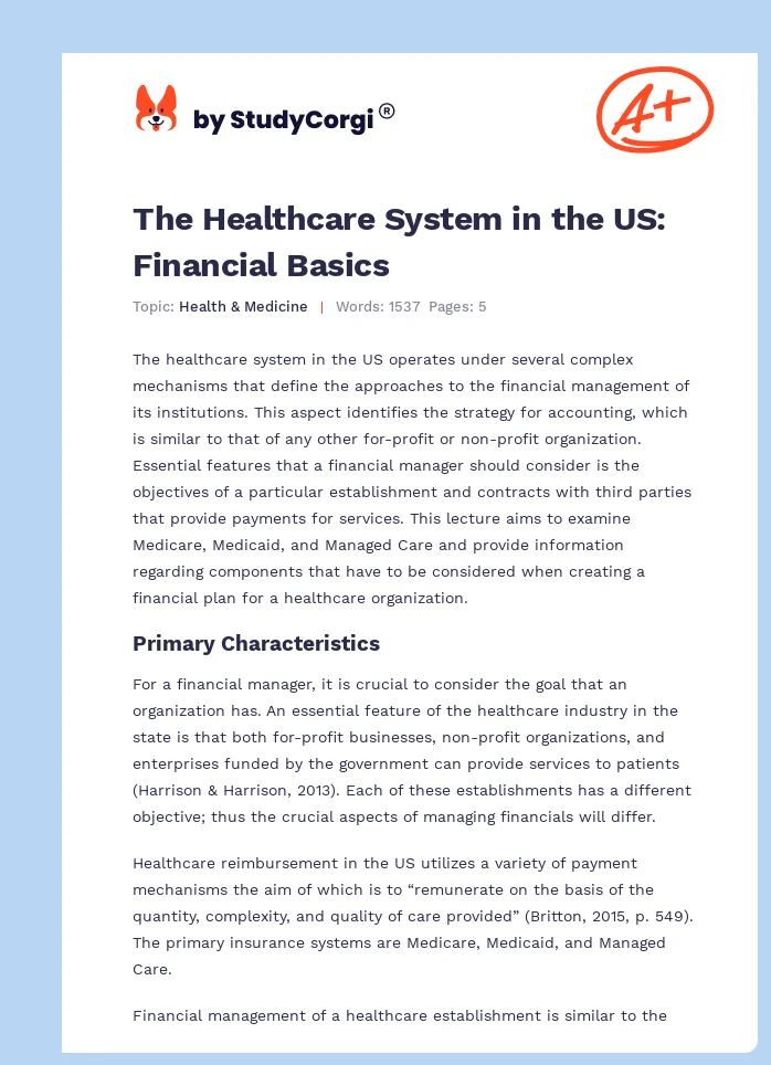 The Healthcare System in the US: Financial Basics. Page 1