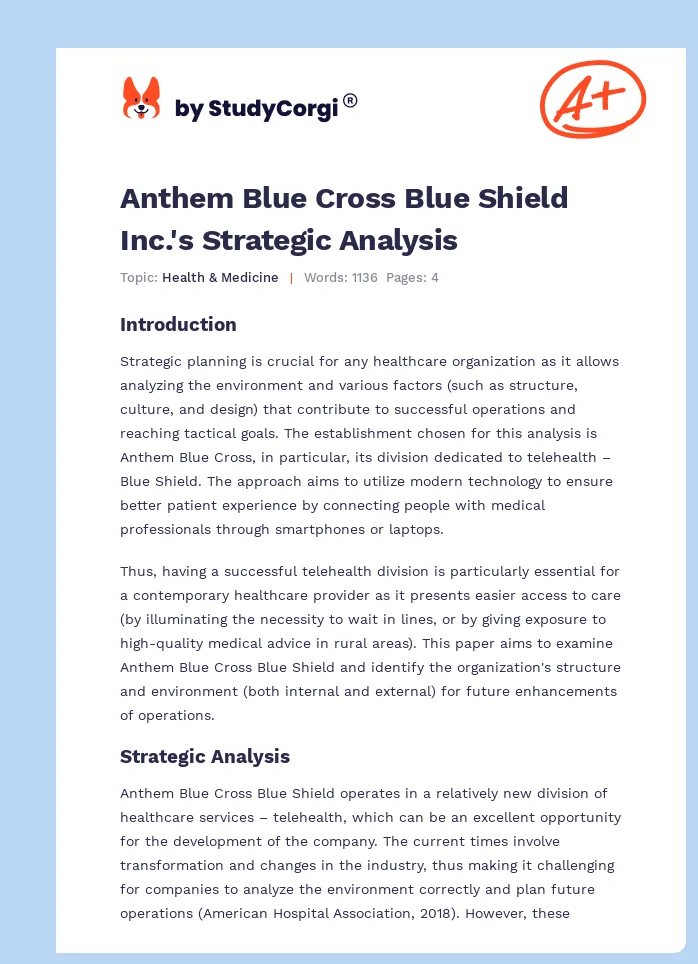 Anthem Blue Cross Blue Shield Inc.'s Strategic Analysis. Page 1