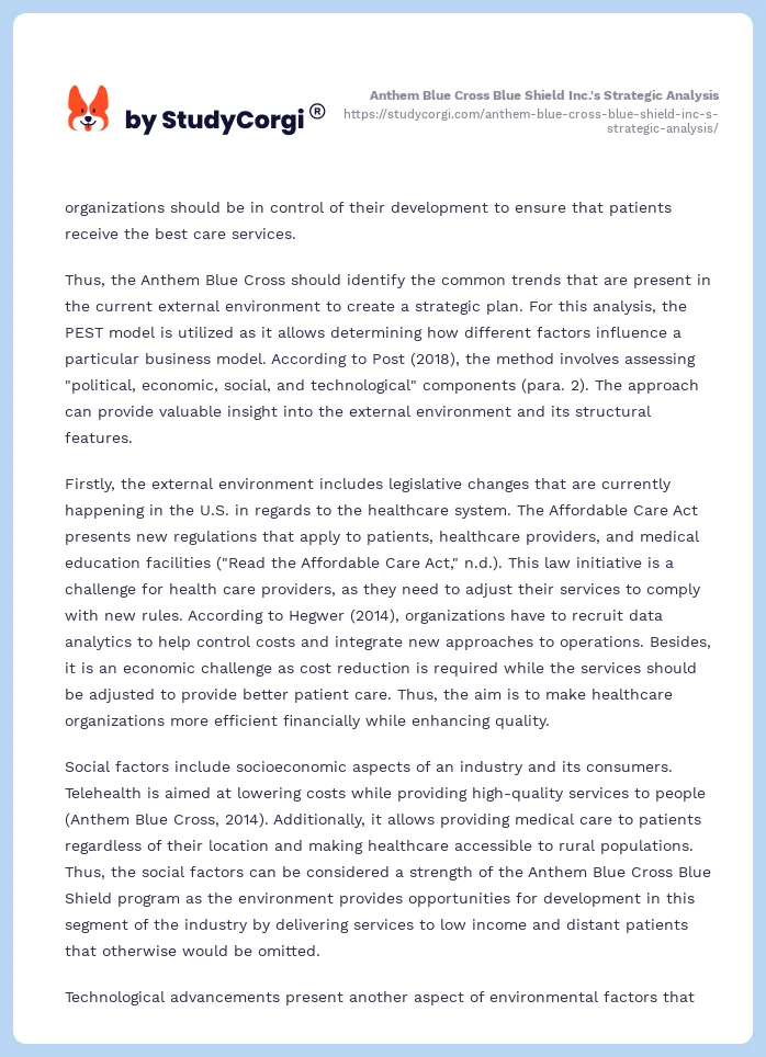 Anthem Blue Cross Blue Shield Inc.'s Strategic Analysis. Page 2