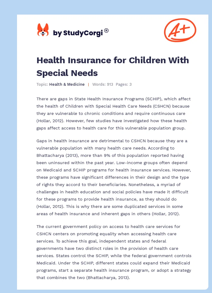 Health Insurance for Children With Special Needs. Page 1