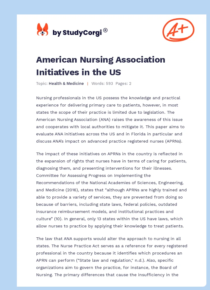 American Nursing Association Initiatives in the US. Page 1