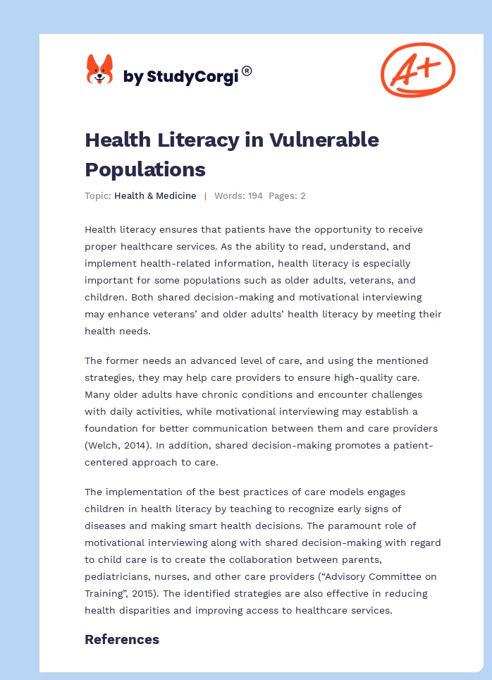 Health Literacy in Vulnerable Populations. Page 1