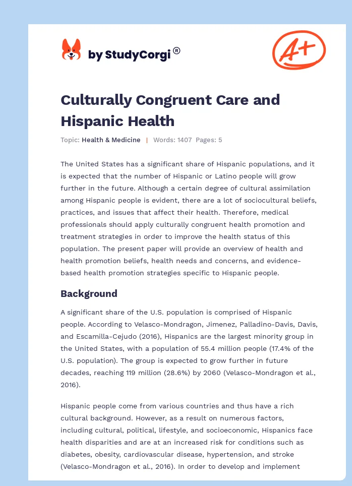 Culturally Congruent Care and Hispanic Health. Page 1