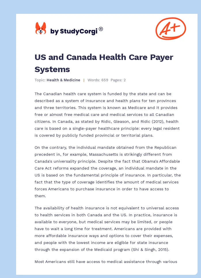 US and Canada Health Care Payer Systems. Page 1