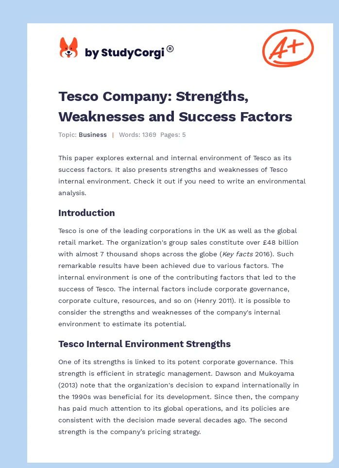 Tesco Company: Strengths, Weaknesses and Success Factors. Page 1