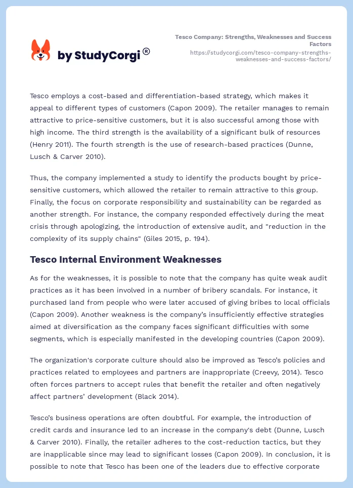 Tesco Company: Strengths, Weaknesses and Success Factors. Page 2