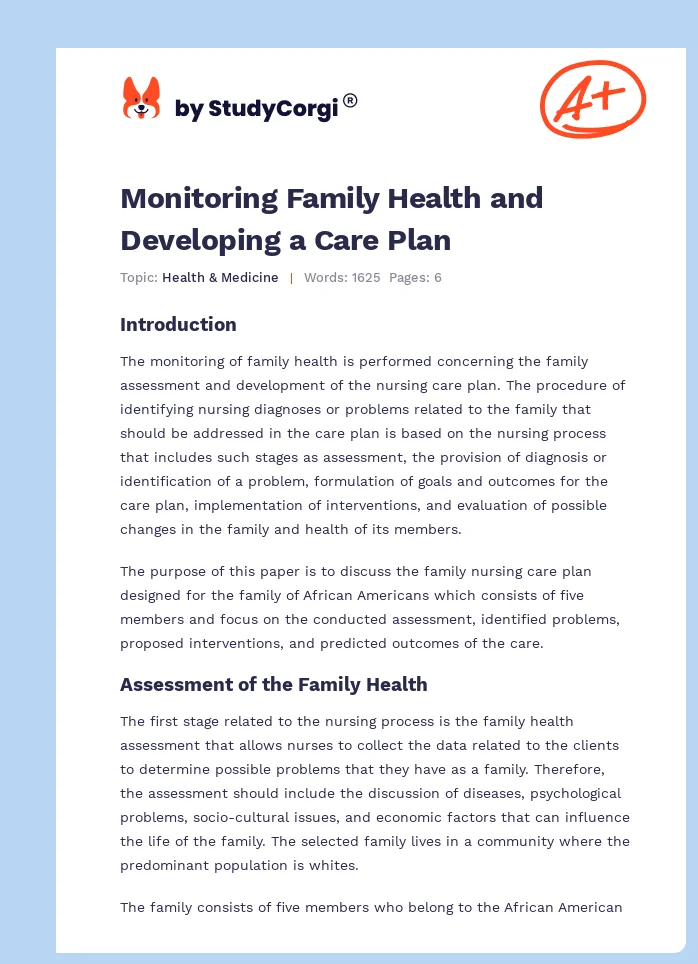 Monitoring Family Health and Developing a Care Plan. Page 1