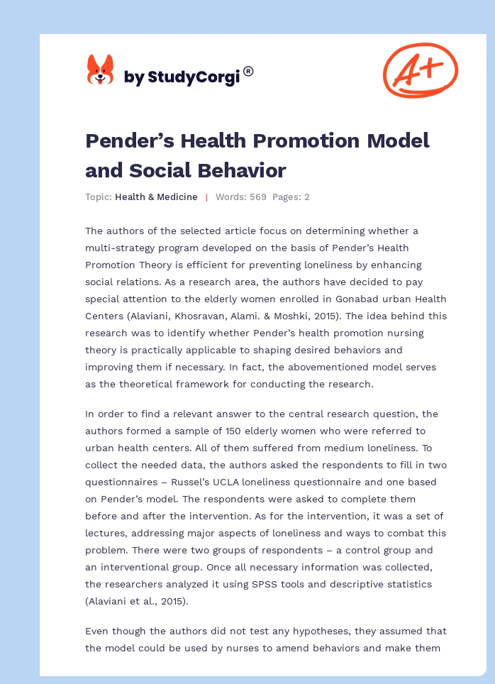 Pender’s Health Promotion Model and Social Behavior. Page 1