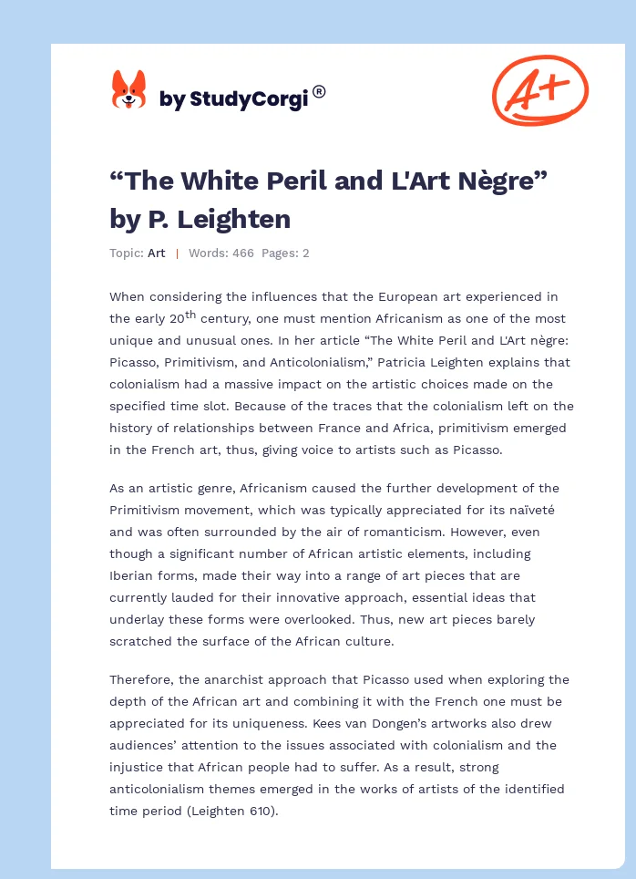 “The White Peril and L'Art Nègre” by P. Leighten. Page 1