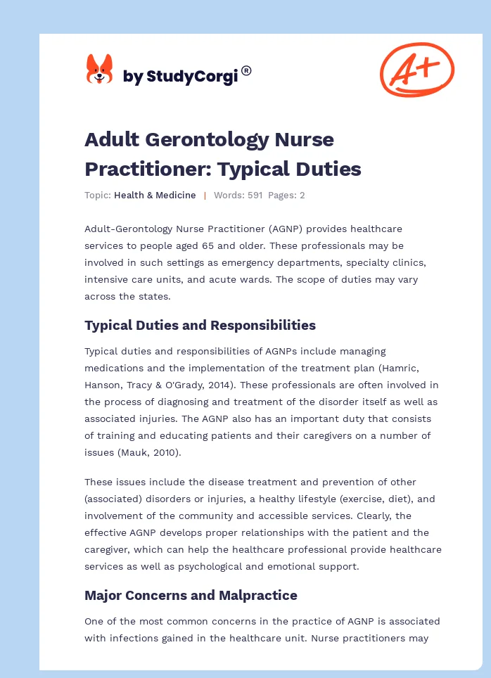 Adult Gerontology Nurse Practitioner: Typical Duties. Page 1