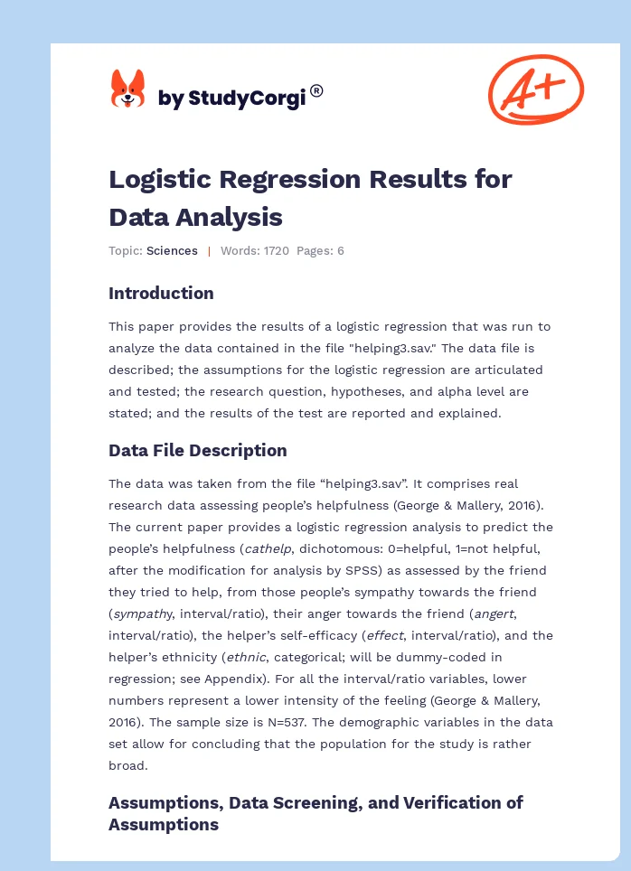 Logistic Regression Results for Data Analysis. Page 1