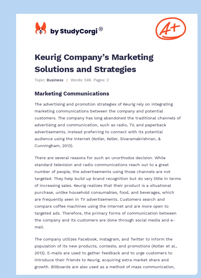 Keurig Company’s Marketing Solutions and Strategies. Page 1