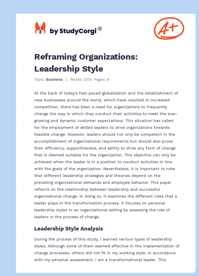 Reframing Organizations: Leadership Style. Page 1