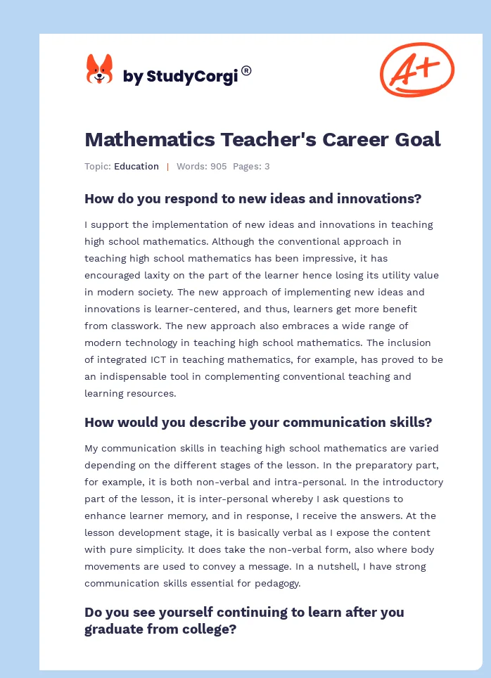 Mathematics Teacher's Career Goal. Page 1