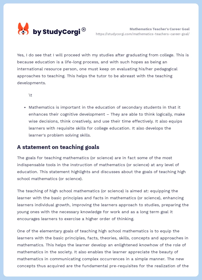 Mathematics Teacher's Career Goal. Page 2