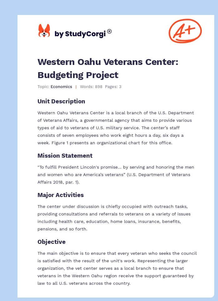 Western Oahu Veterans Center: Budgeting Project. Page 1
